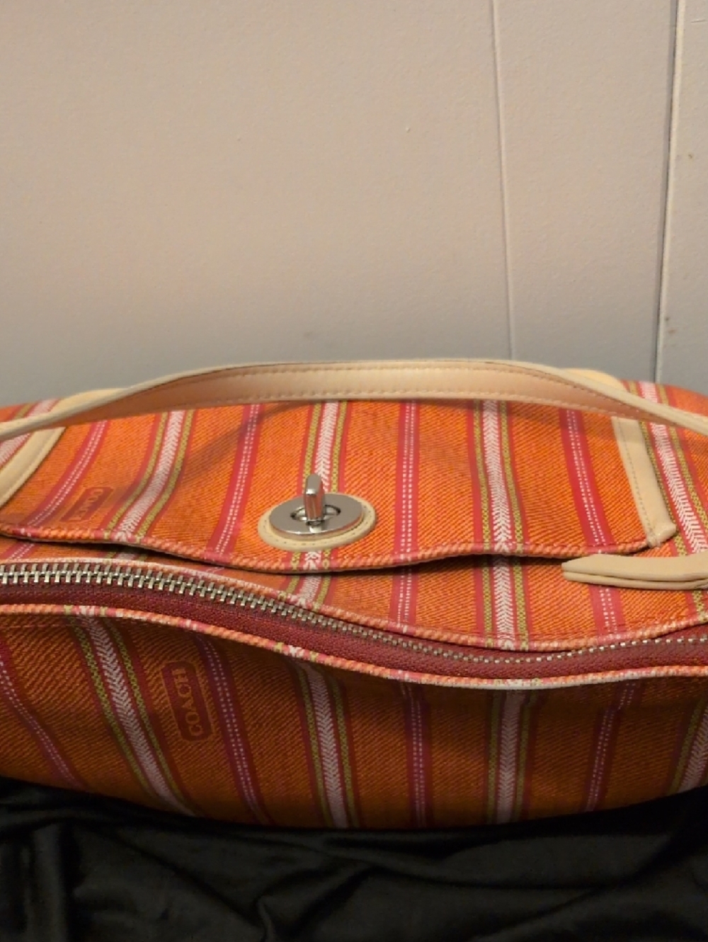 Coach Orange and Pink Stripe Canvas Shoulder Bag with Cream Trim - Picture 7 of 16